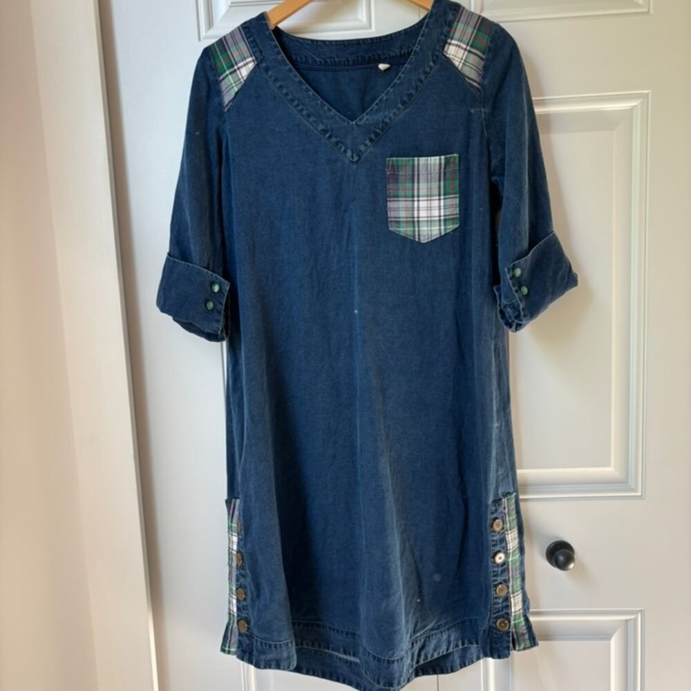 Remade, upcycled, restyled chambray and plaid sheath Dress